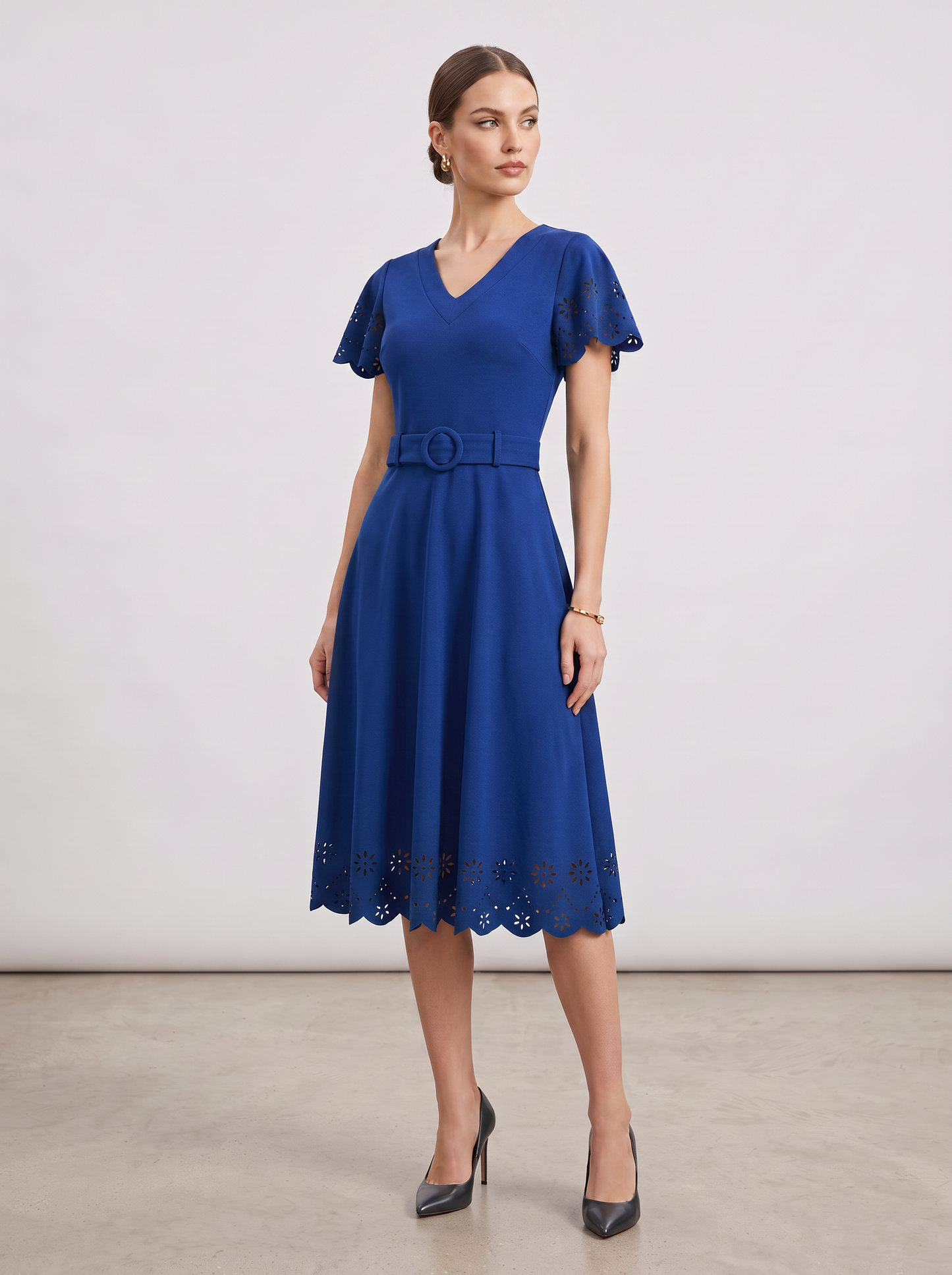 Laser-Cut Eyelet Belted Midi Dress
