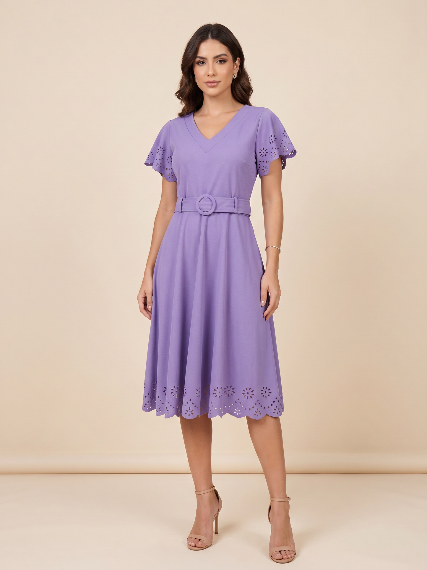 Laser-Cut Eyelet Belted Midi Dress
