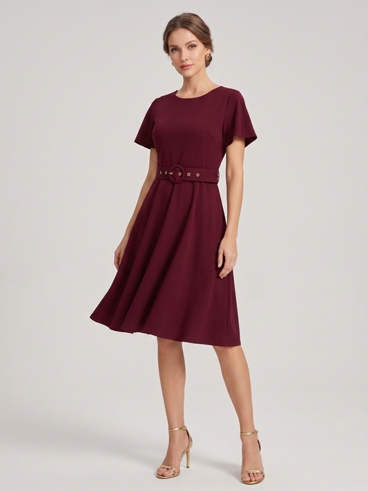 Belted Flutter-Sleeve A-Line Midi Dress
