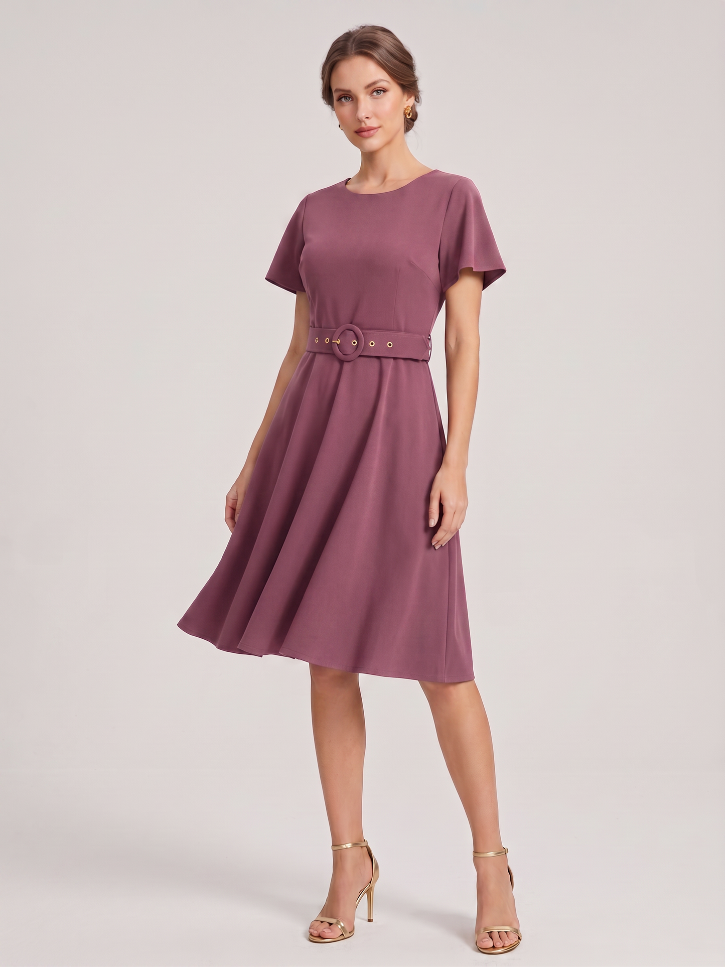 Belted Flutter-Sleeve A-Line Midi Dress