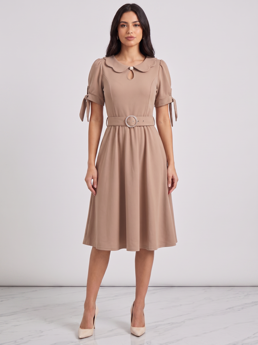 Peter Pan Collar Belted Midi Dress with Tie Sleeves