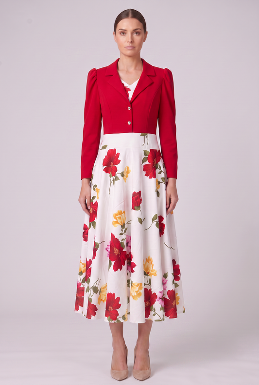 Floral Dress with Tailored Cropped Blazer Jacket