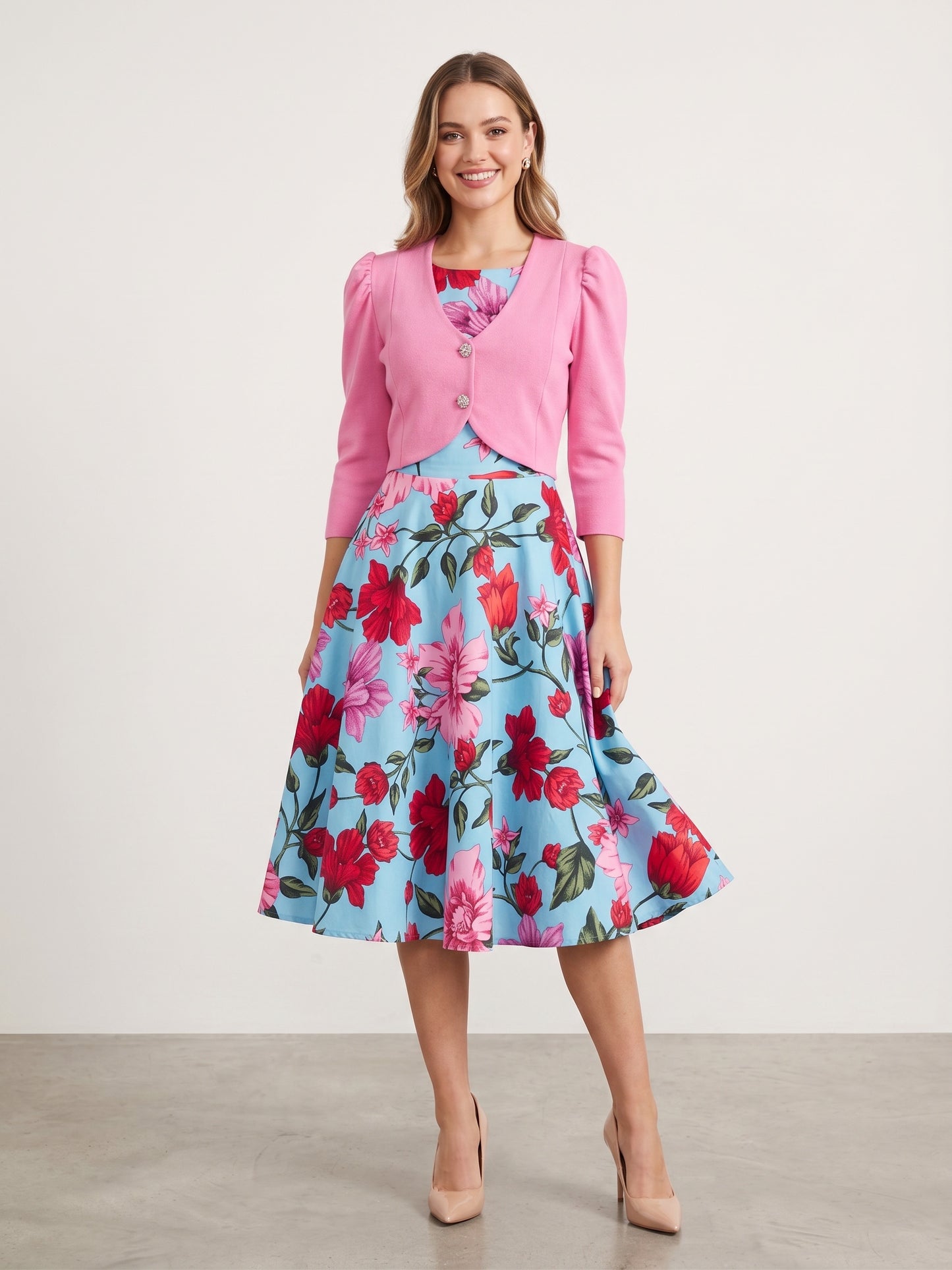 Vintage-Inspired Floral Midi Dress with Bolero Overlay