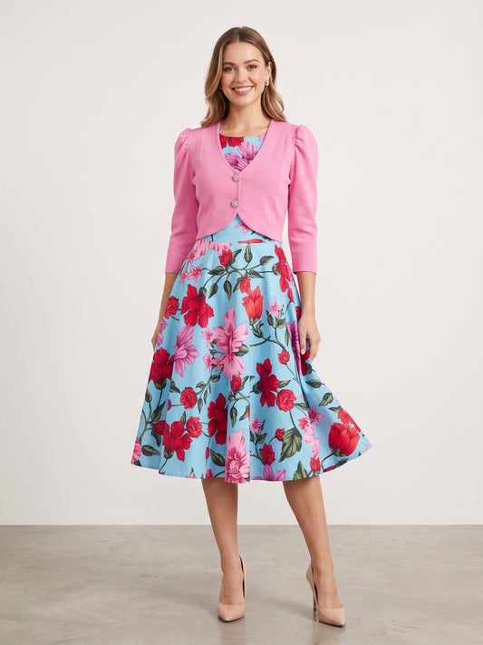 Vintage-Inspired Floral Midi Dress with Bolero Overlay