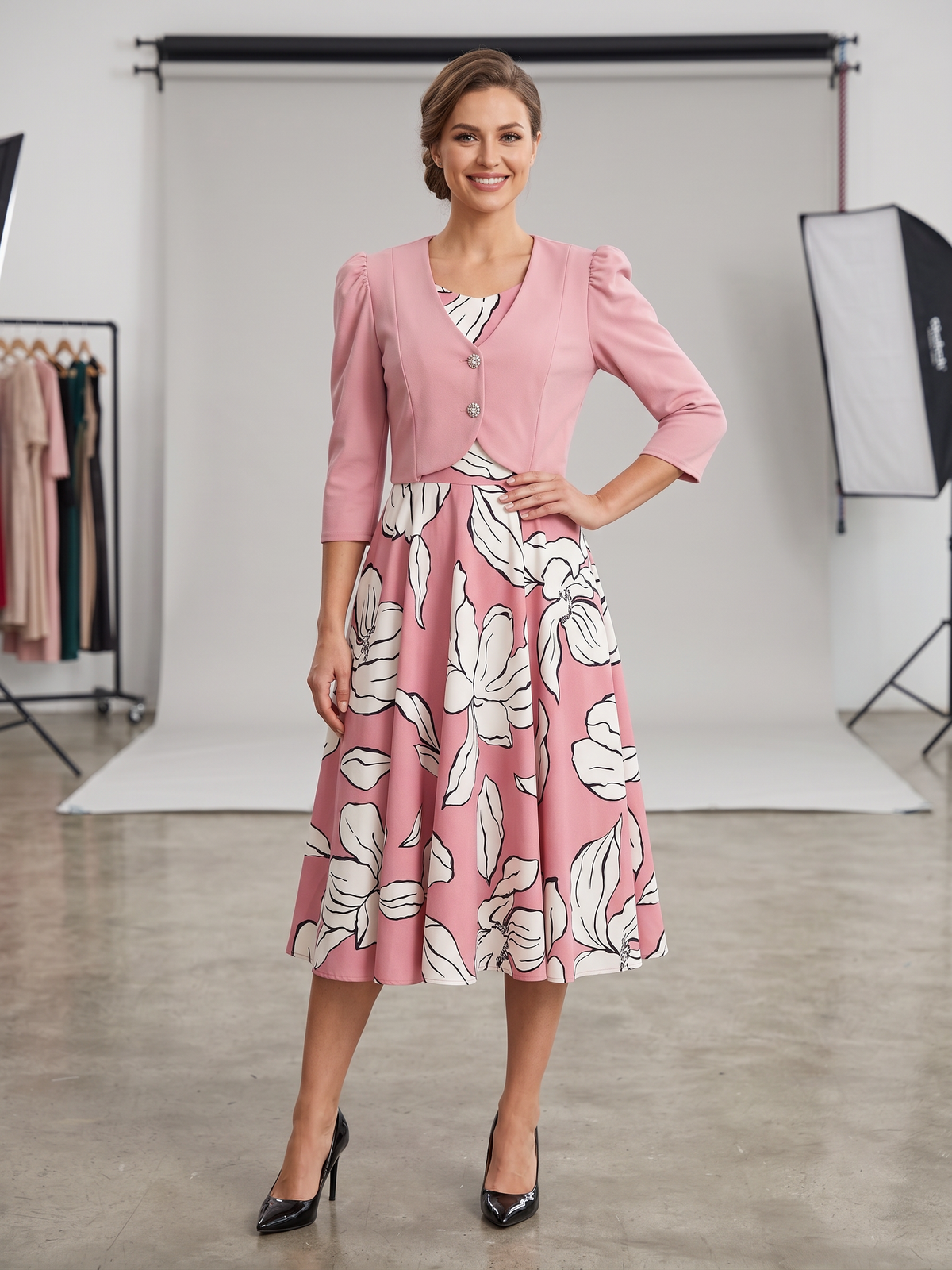 Vibrant Floral Midi Dress with Cropped Bolero Jacket