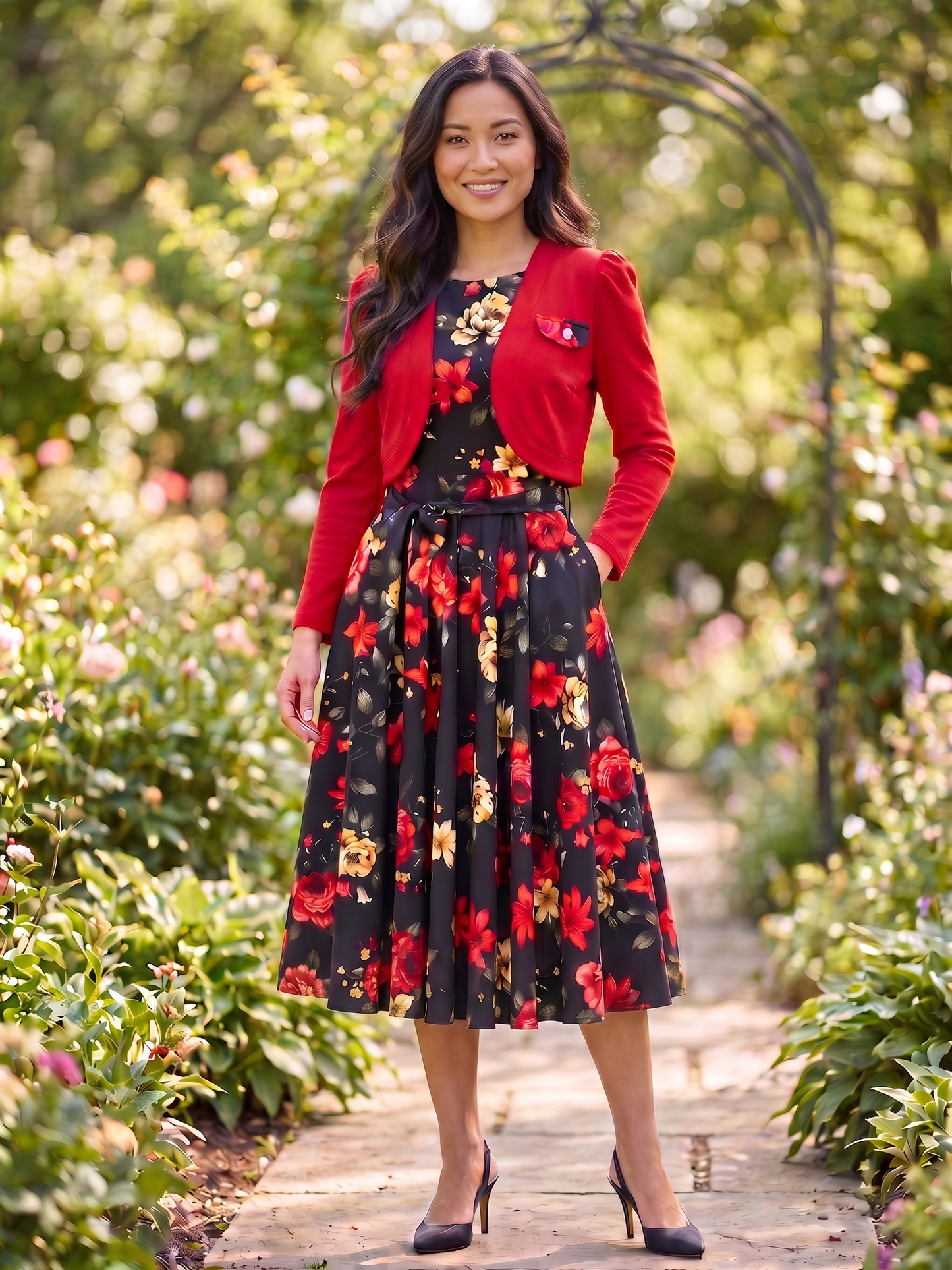 Retro A-Line Midi Dress with Cropped Jacket