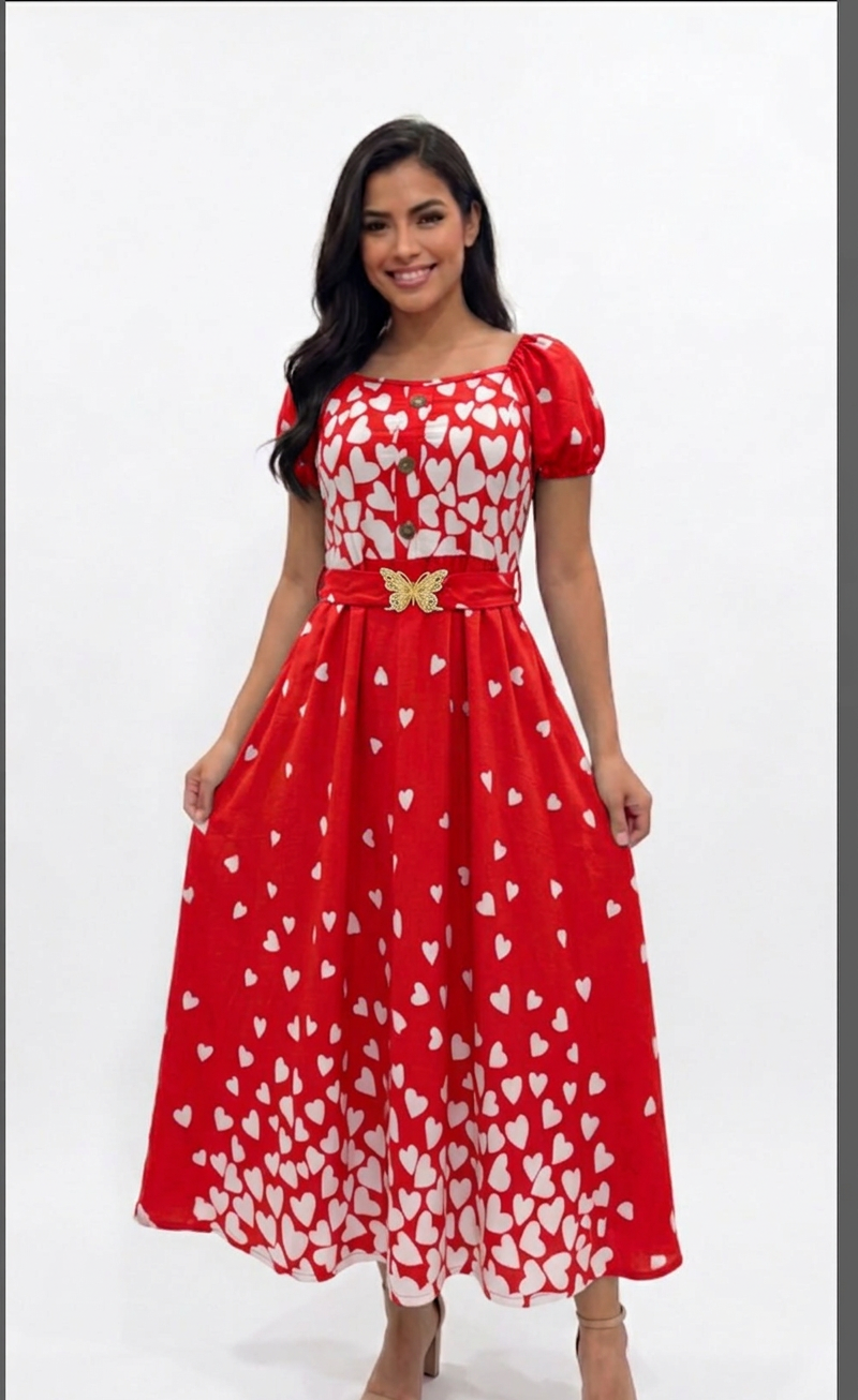 Heart Print Belted Midi Dress