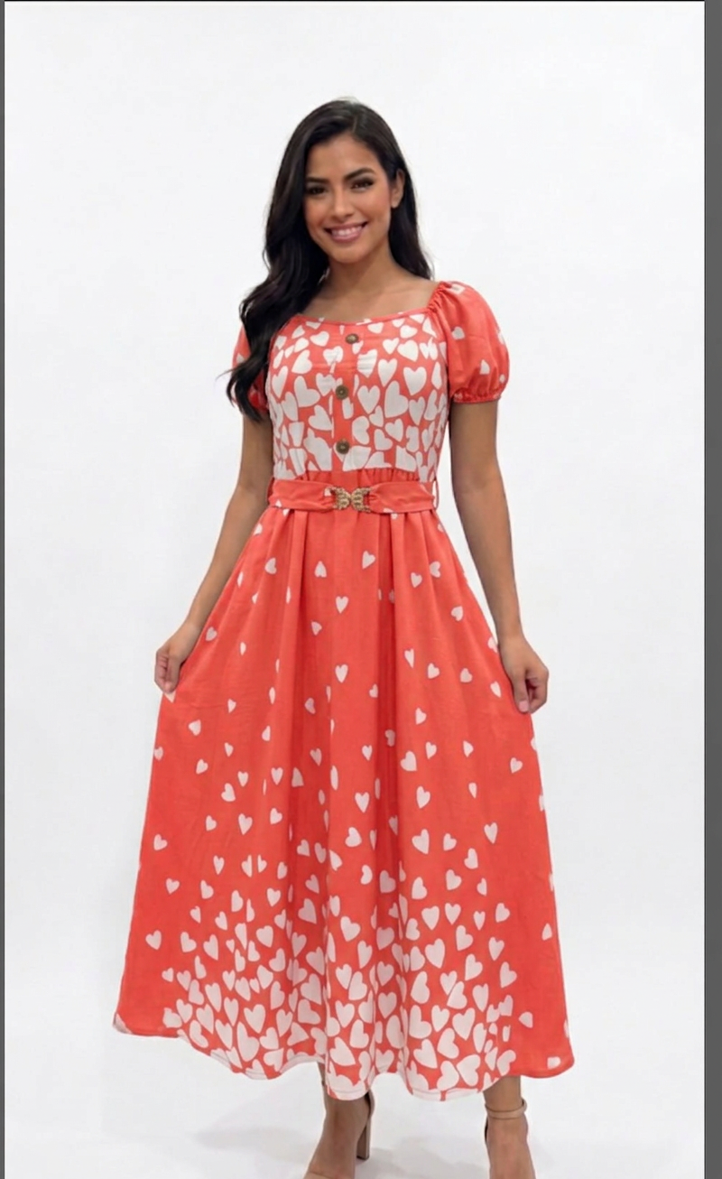 Heart Print Belted Midi Dress