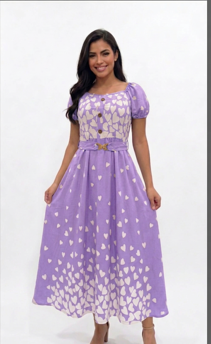 Heart Print Belted Midi Dress
