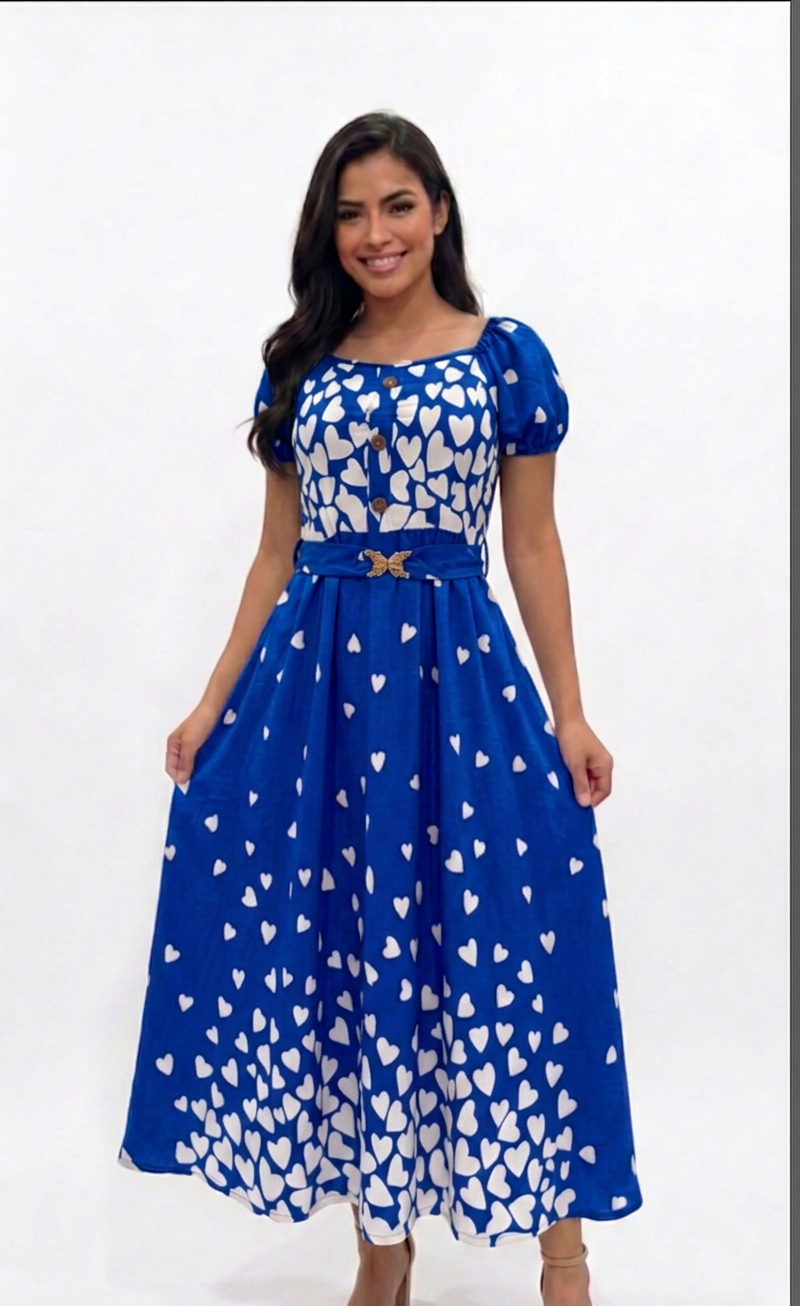 Heart Print Belted Midi Dress