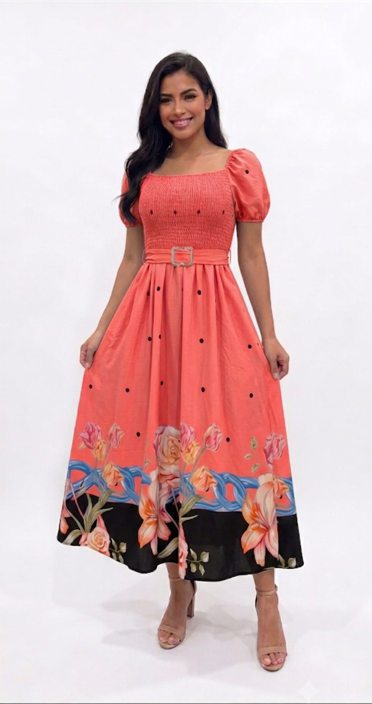 Smocked Floral Border Print Midi Dress