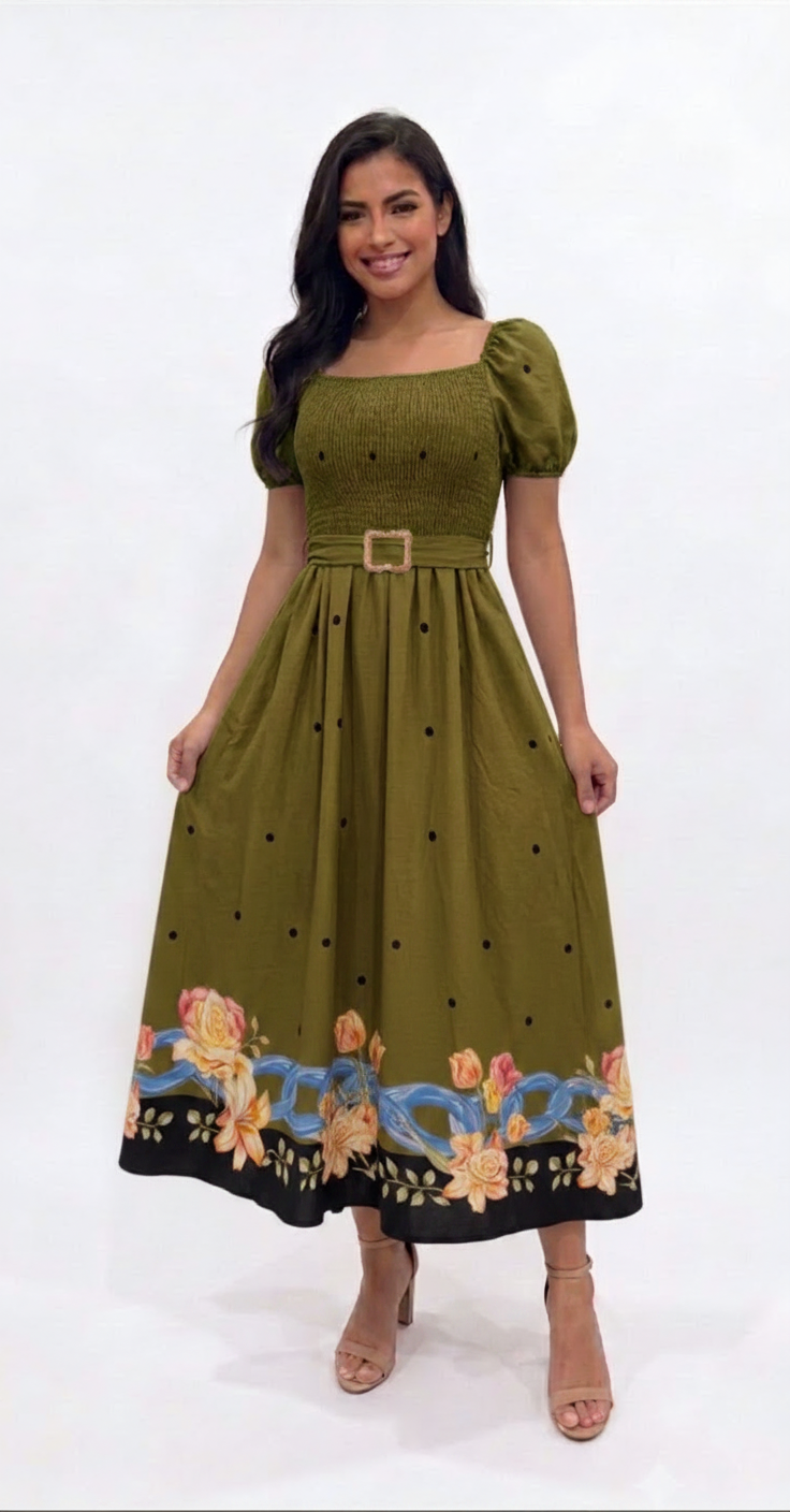 Smocked Floral Border Print Midi Dress